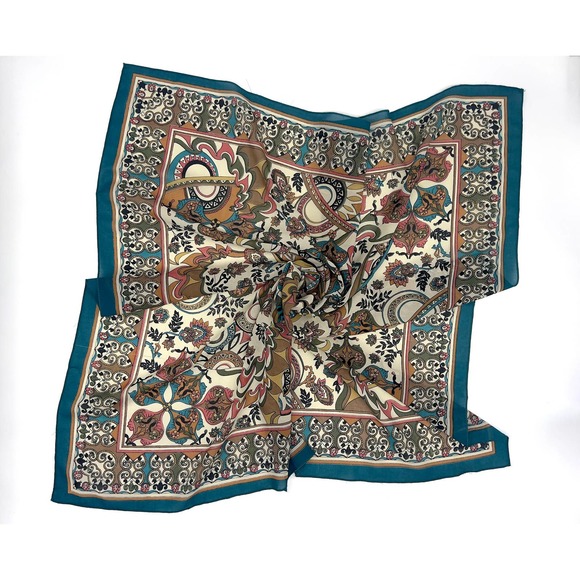 Vintage Ornate Pattern Scarf with Turquoise Border - Picture 8 of 10
